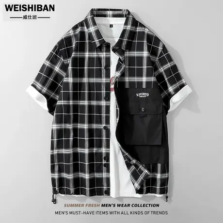 夏季潮牌拼接格子短袖衬衫男外穿休闲小众设计感拼接舒适半袖衬衣商品大图