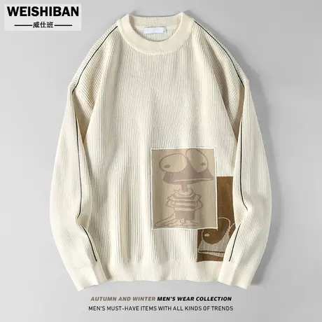 美式潮牌撞色拼接宽松毛衣男冬季潮流痞帅休闲卡通提花套头针织衫商品大图