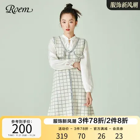 Roem韩版春秋款温柔甜美蓝色无袖V领淑女气质宽松针织连衣裙女图片