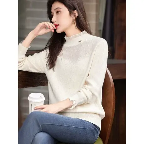 时尚气质毛衣2023年冬季新款加绒百搭温柔淑女花边领蕾丝内搭上衣图片