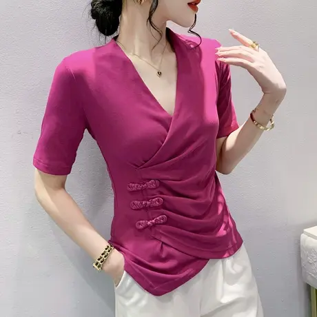 不规则开叉短袖T恤女ins潮欧货性感V领收腰小衫洋气修身别致上衣商品大图