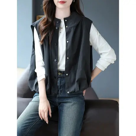 宝诗黎连帽黑色马甲外套2023早秋新款设计感无袖外搭短款上衣背心商品大图