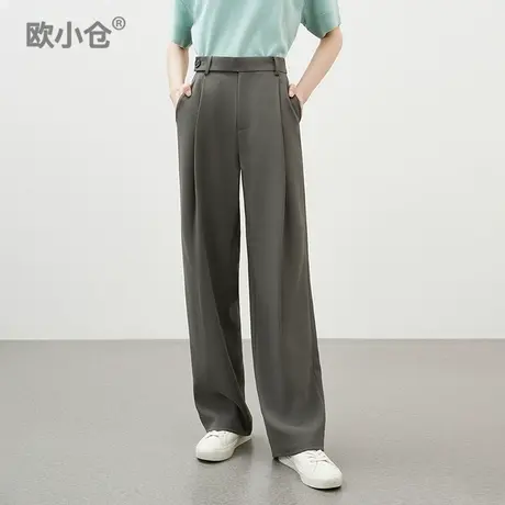 欧小仓 奶茶裤 侧打褶拖地裤垂坠感阔腿裤一粒扣垂感及地长西装裤图片