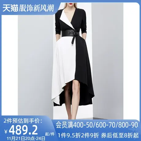 AUI欧洲站不规则设计感黑白撞色风衣女春2023新款中长款气质外套商品大图