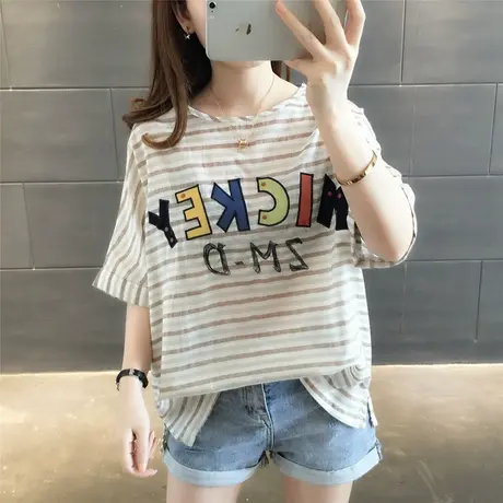 时尚新款2023夏季韩版宽松圆领字母条纹薄款上衣文艺短袖贴布T恤图片