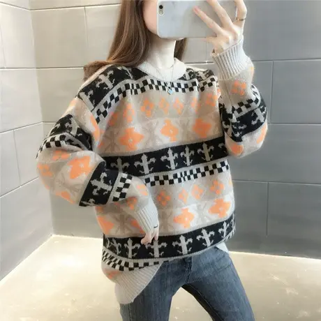 复古民族风提花毛衣女套头2023秋冬新款女装宽松针织打底上衣百搭商品大图