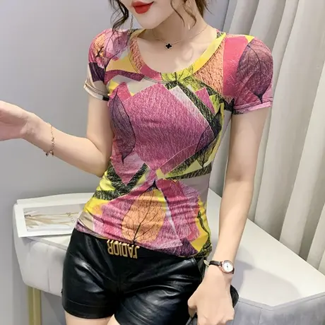时尚印花T恤女短袖夏装修身显瘦上衣洋气百搭网纱小衫丅恤半袖潮商品大图