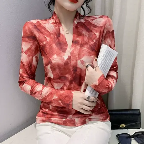 网纱扎染打底衫女春秋款别致气质性感V领T恤长袖修身显瘦百塔上衣图片