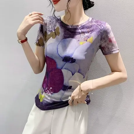 复古印花T恤女短袖夏装2024新款性感网纱小衫洋气圆领修身上衣潮商品大图