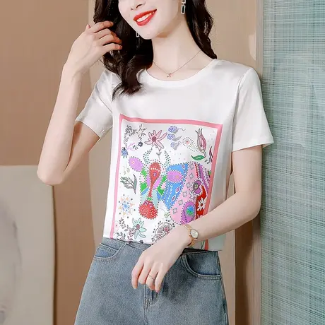 真丝短袖女t恤2023年新款夏季休闲时尚印花绸缎面圆领套头女上衣商品大图