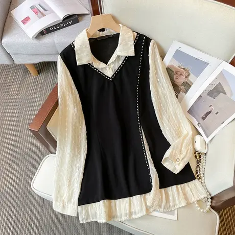 欧货秋季新款上衣女假两件t恤长袖早春秋宽松大码女装胖mm打底衫图片