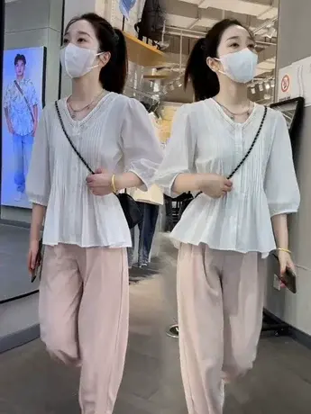 v领七分袖设计感衬衫女2023夏季新款小众宽松棉衬衣韩范拼接小衫商品大图