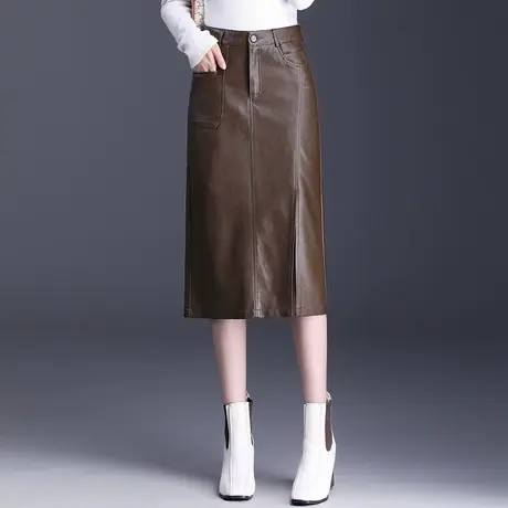 卡其色皮裙女2023秋季新款高腰显瘦中长款包臀裙通勤百搭一步裙子图片