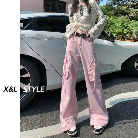 浅粉色美式休闲工装裤女早秋季2023新款设计感抽绳口袋辣妹阔腿裤图片