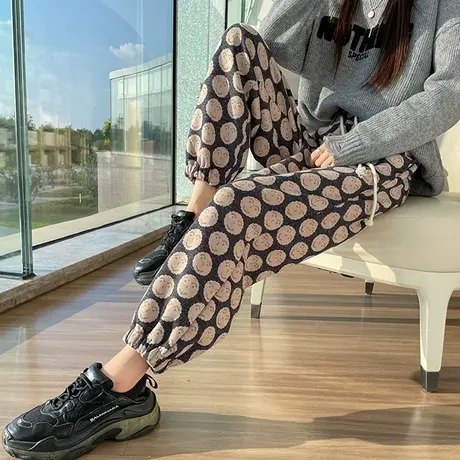 毛呢笑脸花苞哈伦裤女秋冬新款高腰呢子加厚直筒仿羊绒休闲奶奶裤商品大图