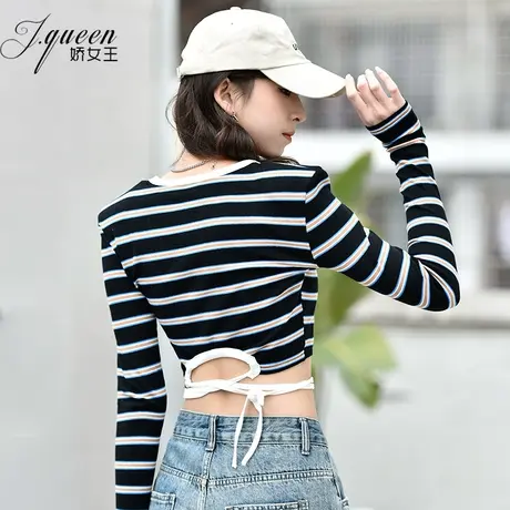 条纹t恤女长袖春季新款时尚设计感抽绳撞色露腰辣妹显瘦短款上衣商品大图