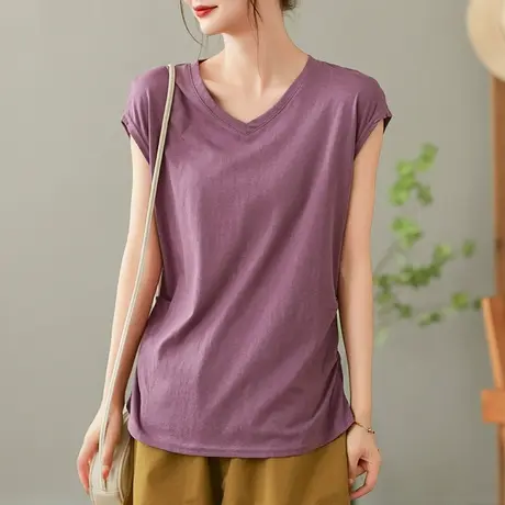 dza 白色纯棉短袖T恤女2023夏季薄款V领打底体恤休闲宽松套头上衣商品大图