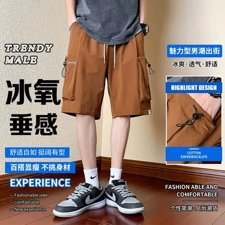 夏季薄款工装裤子男宽松短裤潮牌抽绳松紧腰休闲裤男款青年五分裤商品大图