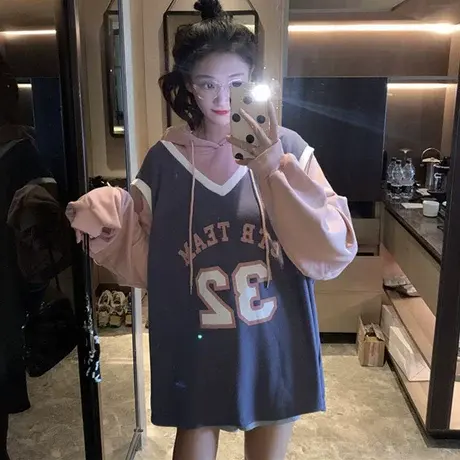 美式vintage卫衣女设计感小众宽松韩版ins假两件上衣春秋薄款外套商品大图