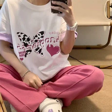 红续chic港味撞色拼接小众设计感蝴蝶印花短袖女2023新款宽松T恤商品大图