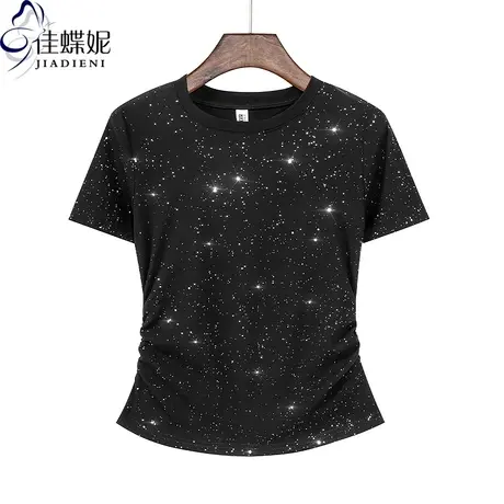 夏季新款圆领修身显瘦褶皱纯欲纯棉纯色亮片短袖体恤上衣女打底衫商品大图