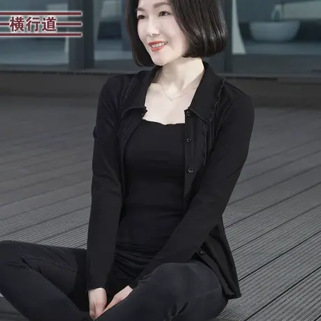 2024新款春装翻领纯色长袖开衫宽松简约大码胖MM薄款外套上衣女装商品大图