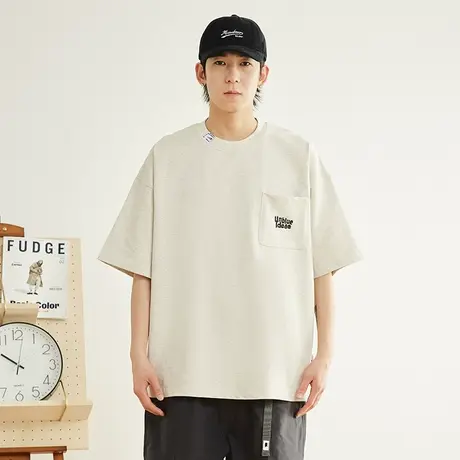 奕飏复古纯色短袖t恤男简约百搭夏季字母印花口袋潮流半袖体恤图片