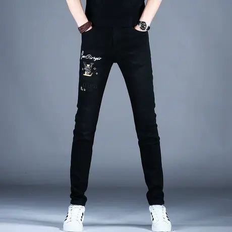 男士新款牛仔裤子黑色时尚修身刺绣欧版小脚裤2023秋冬厚款潮牌男商品大图