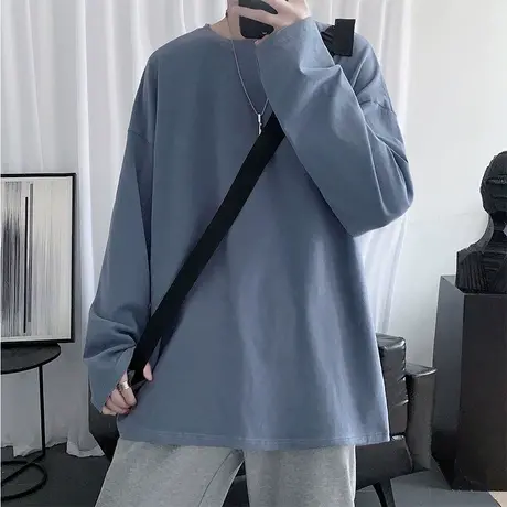 白色长袖t恤男秋季大码宽松潮牌港风上衣服ins休闲圆领简约打底衫商品大图