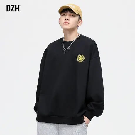男生黑色圆领卫衣男潮ins秋季潮牌2023年新款宽松长袖运动衫上衣图片