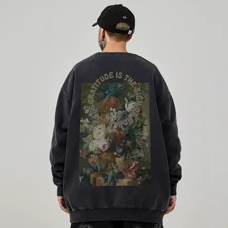 oversize港风圆领卫衣男潮牌ins重磅大码男装秋冬款加绒复古做旧图片