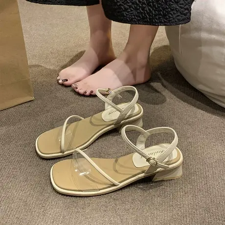 2023新款网红爆款时装凉鞋女夏季仙女风一字带粗跟时尚百搭配裙子图片