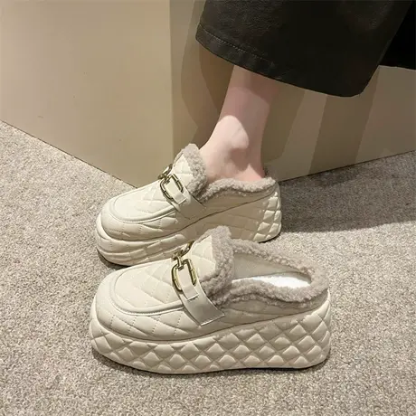 包头半拖鞋女外穿2023年款秋冬韩版高跟毛毛鞋加绒厚底增高穆勒鞋图片