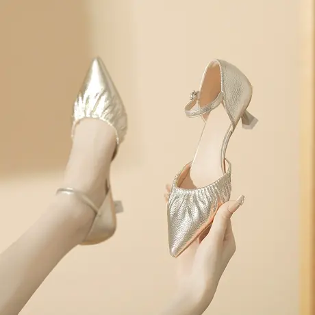 法式高跟鞋女细跟2024年新款秋季真皮中空一字扣带尖头软皮单鞋图片