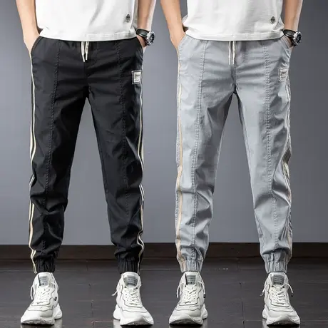 夏季薄款黑色侧边条纹工装裤男士束脚宽松九分休闲裤子春秋款夏裤图片