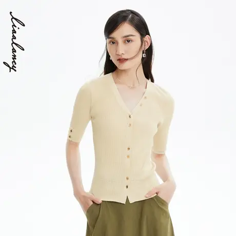 LANCY/俪雅商场同款针织开衫显瘦V领短袖T恤女新款专柜正品奥莱商品大图