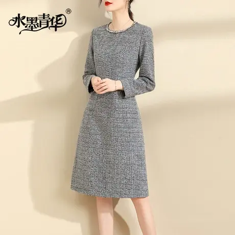 水墨青华新品冬季百搭打底裙时尚流行收腰显瘦A字连衣裙商品大图