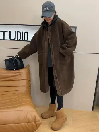 2023冬季新款纯色时尚休闲羊羔毛拼接长款加厚风衣简约百搭外套女商品大图