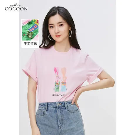 miss COCOON钉珠卡通印花短袖t恤女2023夏季新款可爱减龄纯棉上衣商品大图