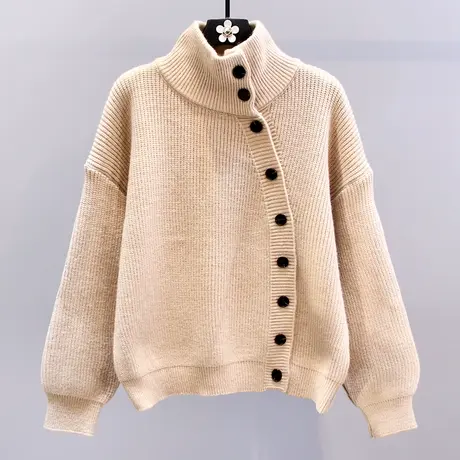 复古温柔高领毛衣外套女冬季2023新款慵懒风宽松加厚软糯针织开衫商品大图