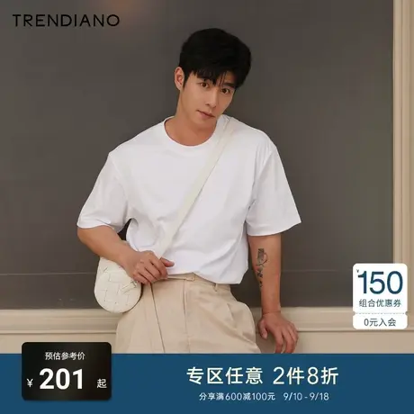 TRENDIANO短袖美式复古t恤2023新款夏季新款时尚刺绣圆领男士上衣商品大图