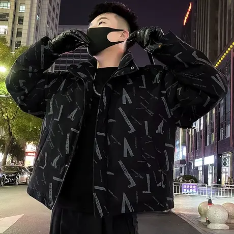 高级感轻熟满印棉衣男冬季新款潮牌宽松立领加厚个性花色棉服外套商品大图