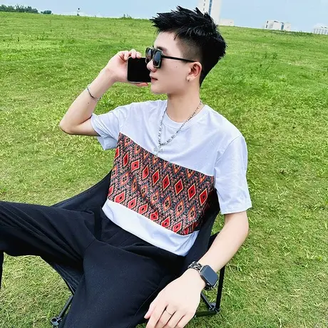 夏季男士t恤短袖半袖潮流圆领民族风图案拼接设计日常小众INS体恤商品大图
