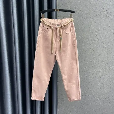 欧货韩版小脚哈伦裤女24春季新款粉色减龄高腰显瘦百搭萝卜牛仔裤商品大图