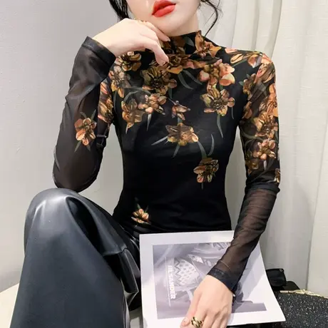 欧货女装半高领长袖加绒打底衫女网纱印花洋气内塔上衣修身T恤ins商品大图