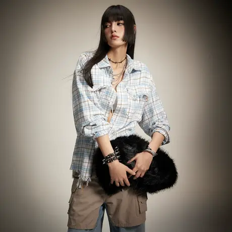 复古设计感做旧毛边格子衬衫女2024春季新款街头潮牌宽松小众衬衣图片