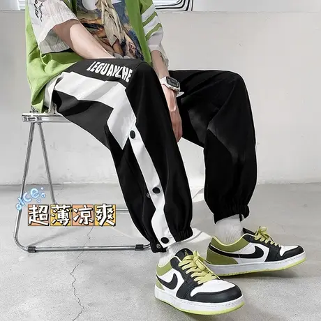 夏季薄款男士休闲裤潮牌运动排扣九分束脚潮流青少年韩版冰丝裤子商品大图