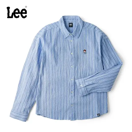 Lee24早春新品舒适版翻领条纹蓝色男女同款长袖衬衫LUT008312205图片