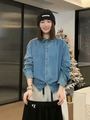 欧货2024早春新款刺绣蓝色polo牛仔衬衫女加绒加厚内搭衬衣上衣潮商品大图