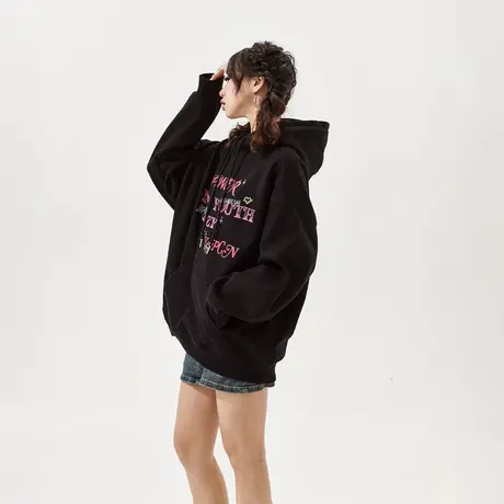 YEP黑色vintage连帽卫衣女春秋2024年新款复古潮牌情侣装宽松外套商品大图
